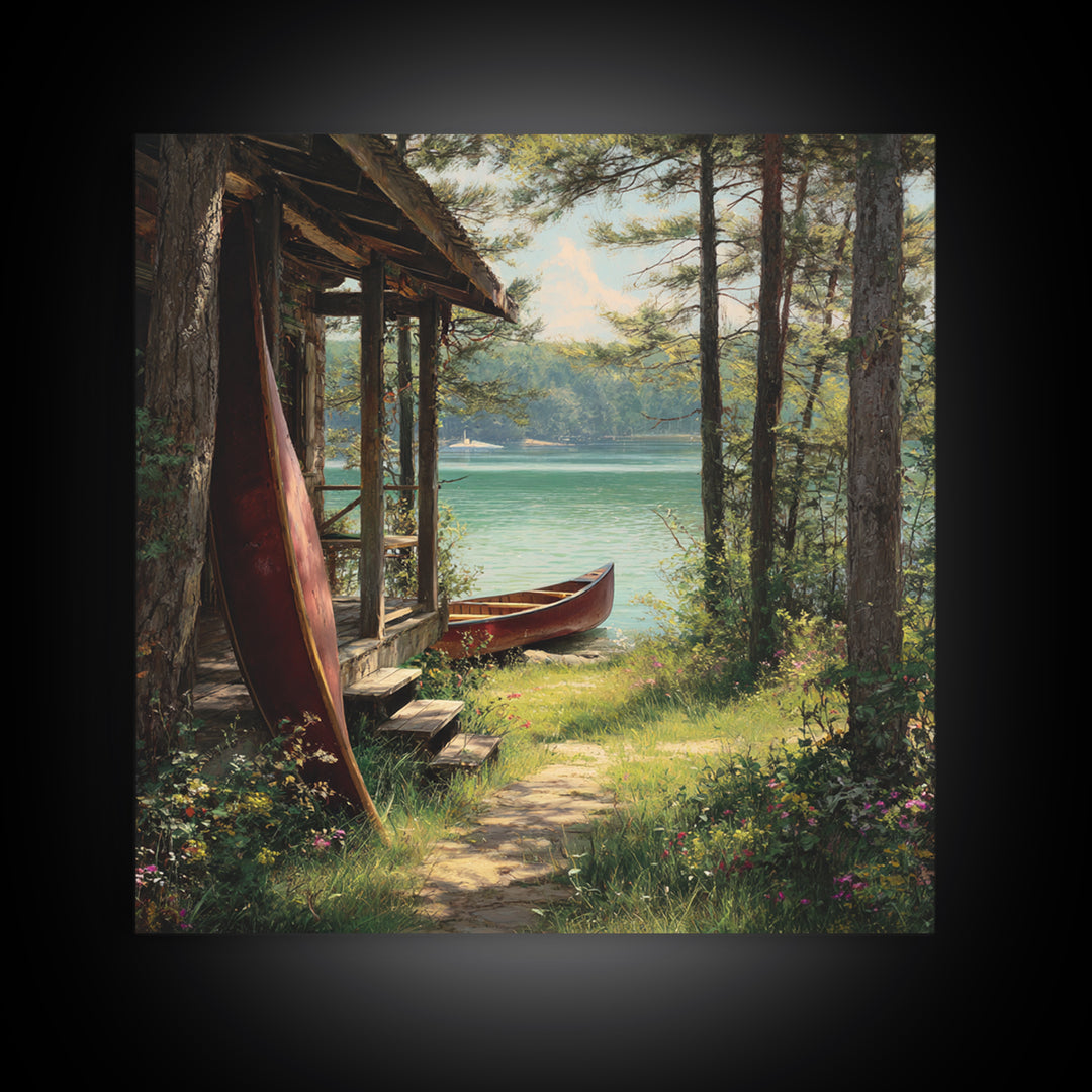 Lakeside Cabin With Red Canoes Framed Canvas Print, Rustic Lake House Wall Art, Cozy Nature Decor, Peaceful Getaway Gift
