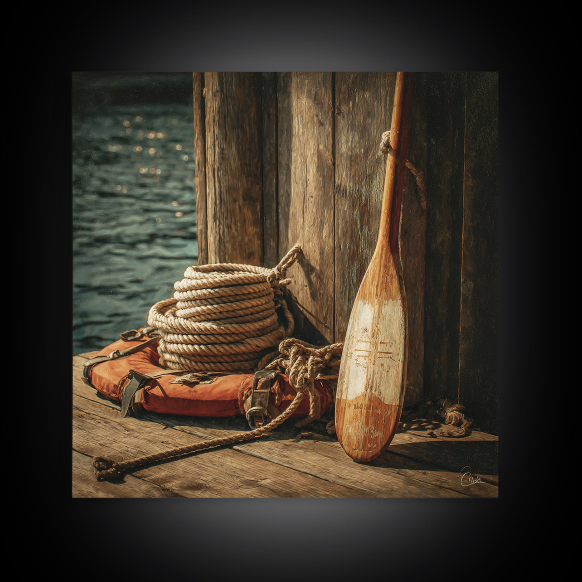 Weathered Oar And Coiled Rope Canvas Print, Nautical Wall Art, Rustic Coastal Decor, Seaside Lake House Gift For Boat Lovers