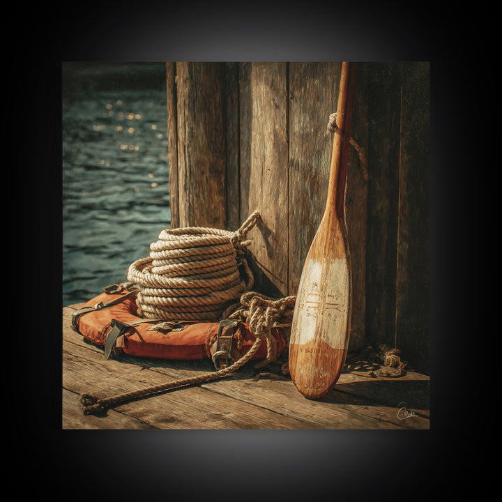 Weathered Oar And Coiled Rope Canvas Print, Nautical Wall Art, Rustic Coastal Decor, Seaside Lake House Gift For Boat Lovers