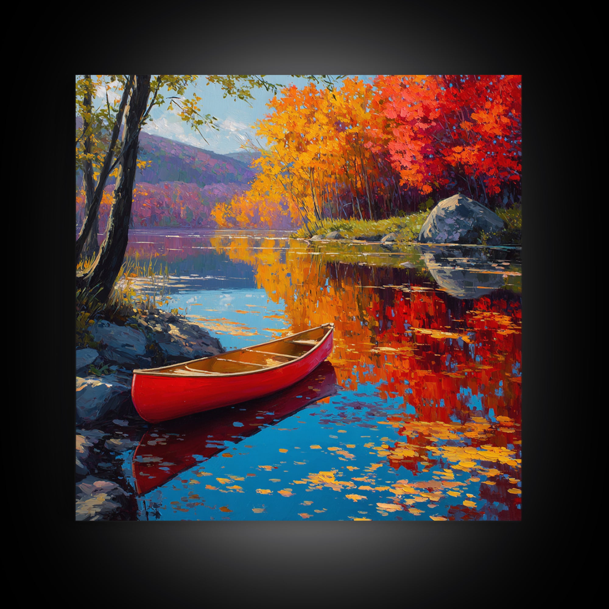 Red Canoe On Autumn Lake Wall Art, Colorful Fall Landscape Painting, Cabin Decor, Nature Wall Art, Housewarming Gift, Large Canvas Print