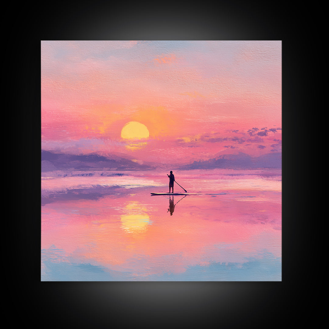 Pink Sunset Paddleboard Wall Art, Pastel Ocean Seascape, Coastal Decor, Beach House Art Print, Romantic Gift For Her, Bedroom Decor
