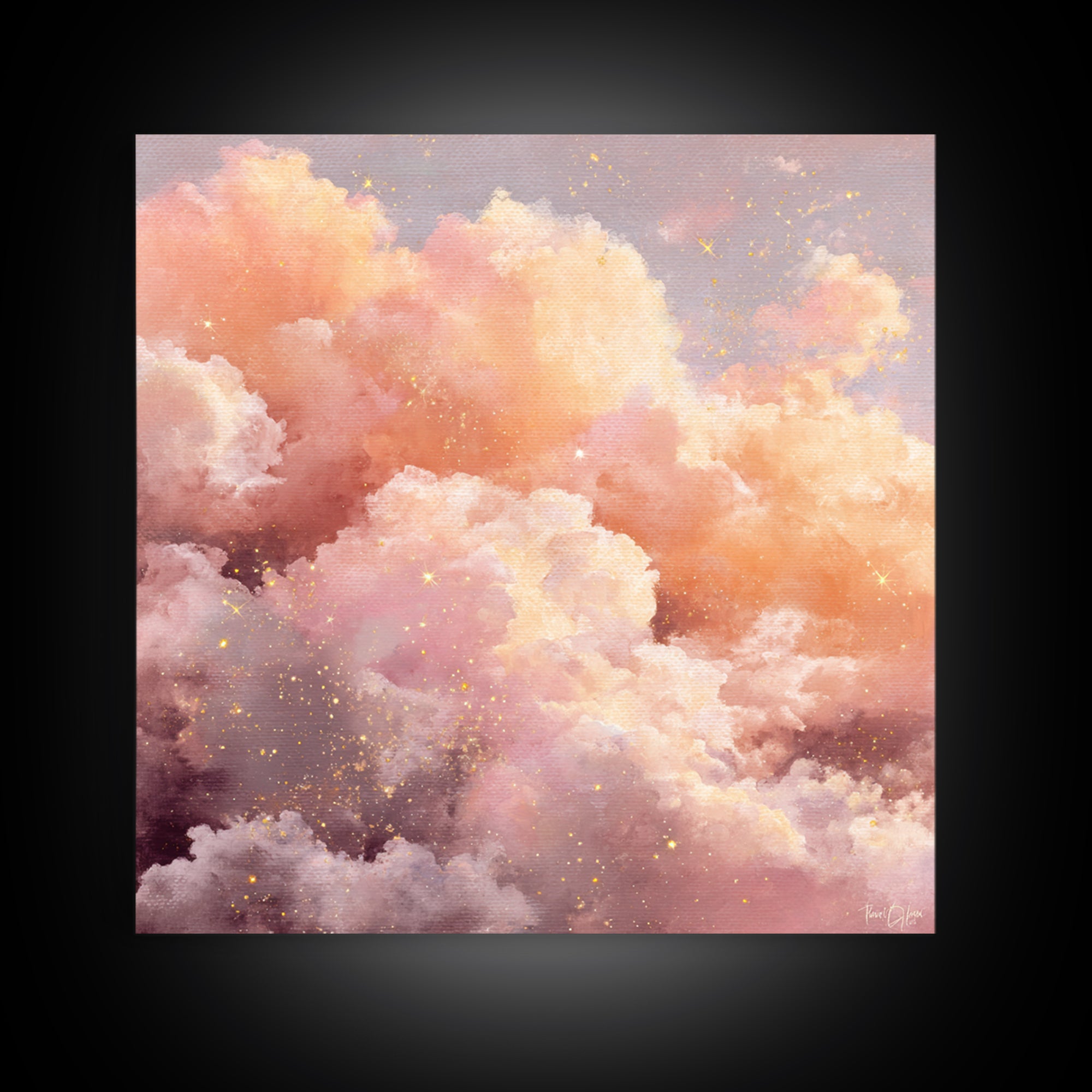 Blush Pink Celestial Clouds With Golden Stars Wall Art, Dreamy Sky Canvas, Pastel Bedroom Decor, Nursery Gift, Ethereal Home Decor