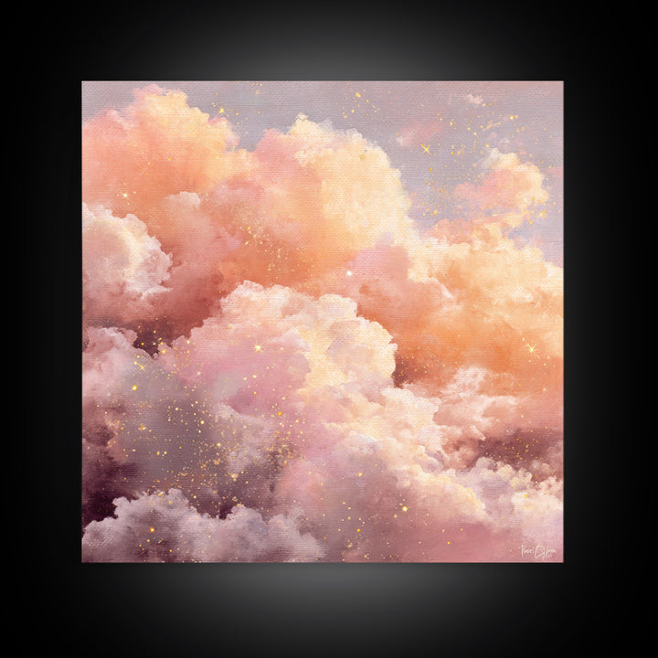 Blush Pink Celestial Clouds With Golden Stars Wall Art, Dreamy Sky Canvas, Pastel Bedroom Decor, Nursery Gift, Ethereal Home Decor