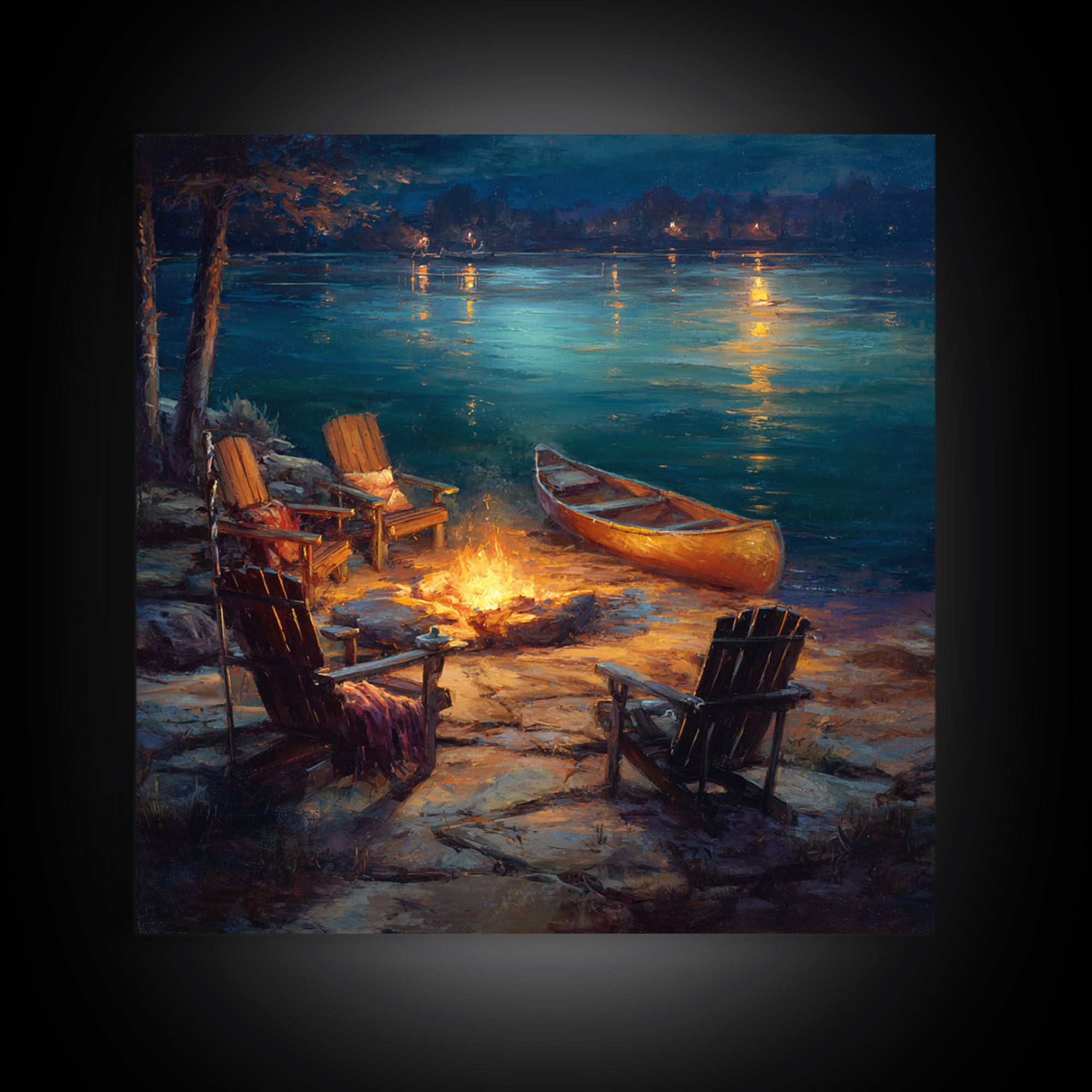 Lakeside Campfire Adirondack Chairs Wall Art, Canoe Night Lake Canvas Print, Cabin Decor, Rustic Housewarming Gift For Lake House