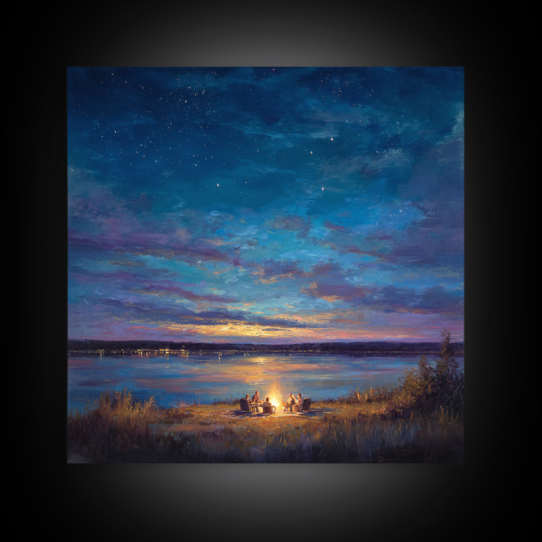 Starry Lakeside Campfire Canvas Print, Moody Night Sky Landscape Art, Cabin Wall Decor, Cozy Living Room Art, Housewarming Gift