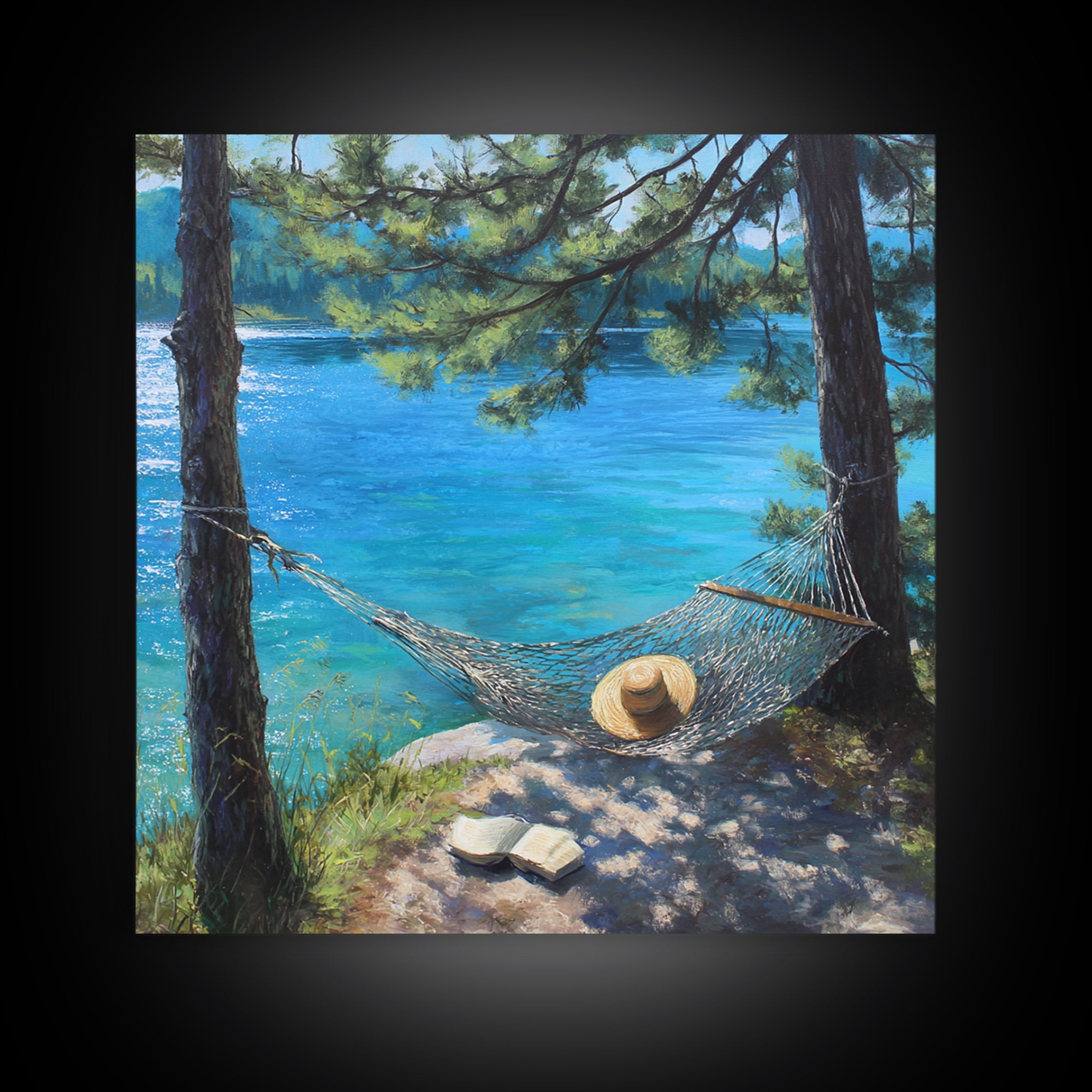 Pine Lake Hammock Reading Nook Wall Art, Coastal Lake House Decor, Peaceful Nature Canvas Print, Relaxing Bedroom Art Gift