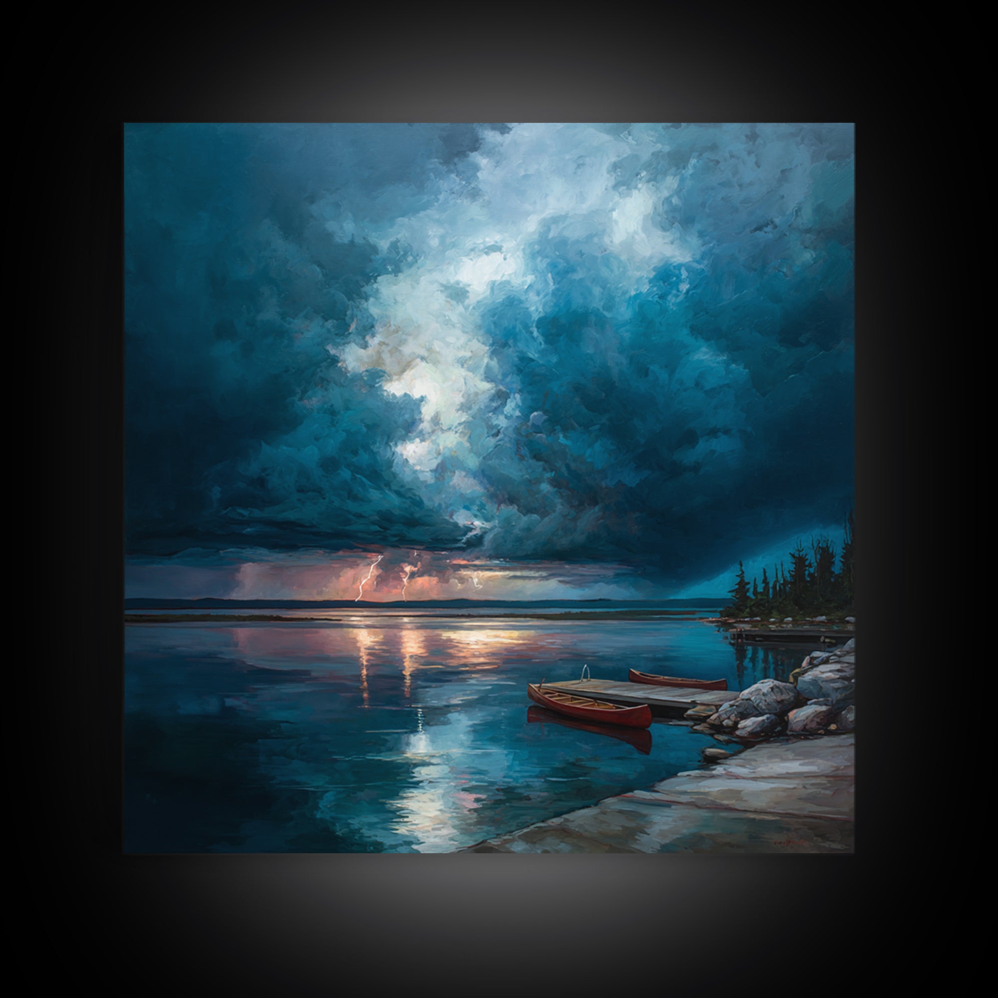 Moody Storm Over Lake With Canoes Canvas Print, Blue Seascape Wall Art, Dramatic Lightning Landscape, Cabin Decor, Nature Gift