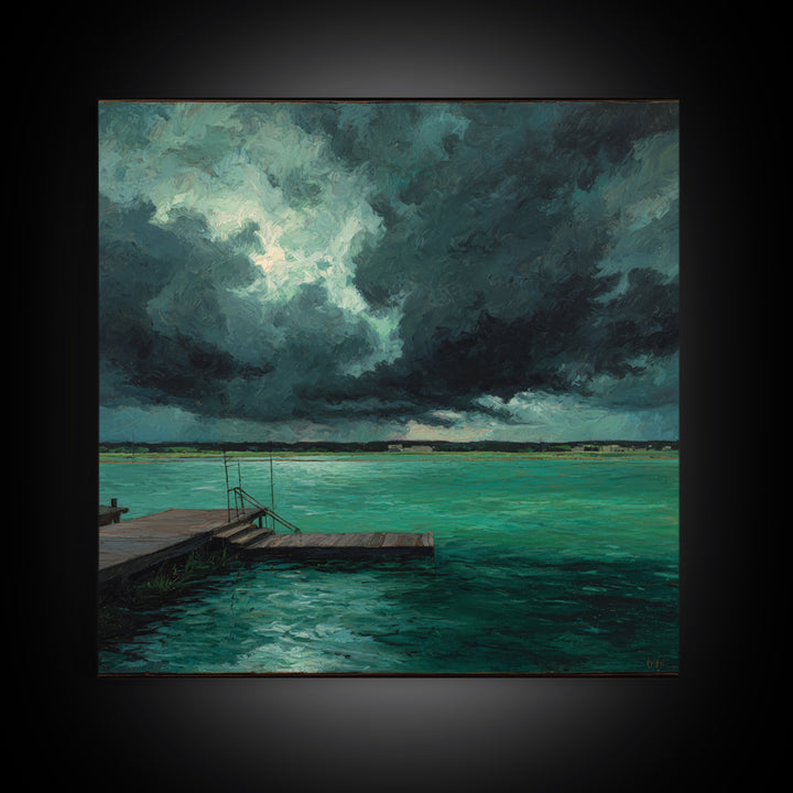 Stormy Turquoise Lake Dock And Dark Clouds Canvas Print, Moody Landscape Art, Coastal Wall Decor, Office Wall Art Gift For Him