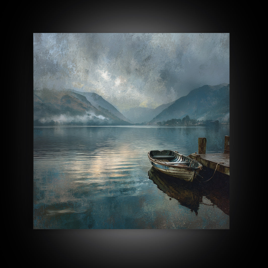 Moody Mountain Lake With Old Boat Wall Art, Misty Landscape Framed Canvas Print, Rustic Cabin Living Room Decor Housewarming Gift