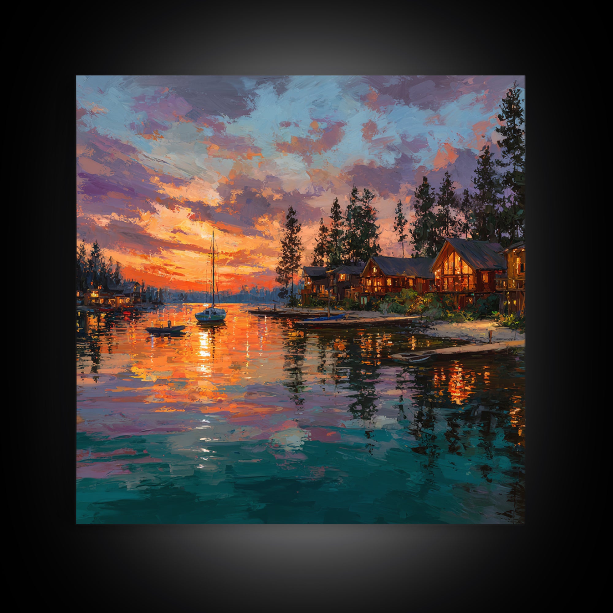 Glowing Lakeside Cabins At Sunset Wall Art, Coastal Landscape Canvas Print, Lake House Decor, Rustic Cabin Living Room Art