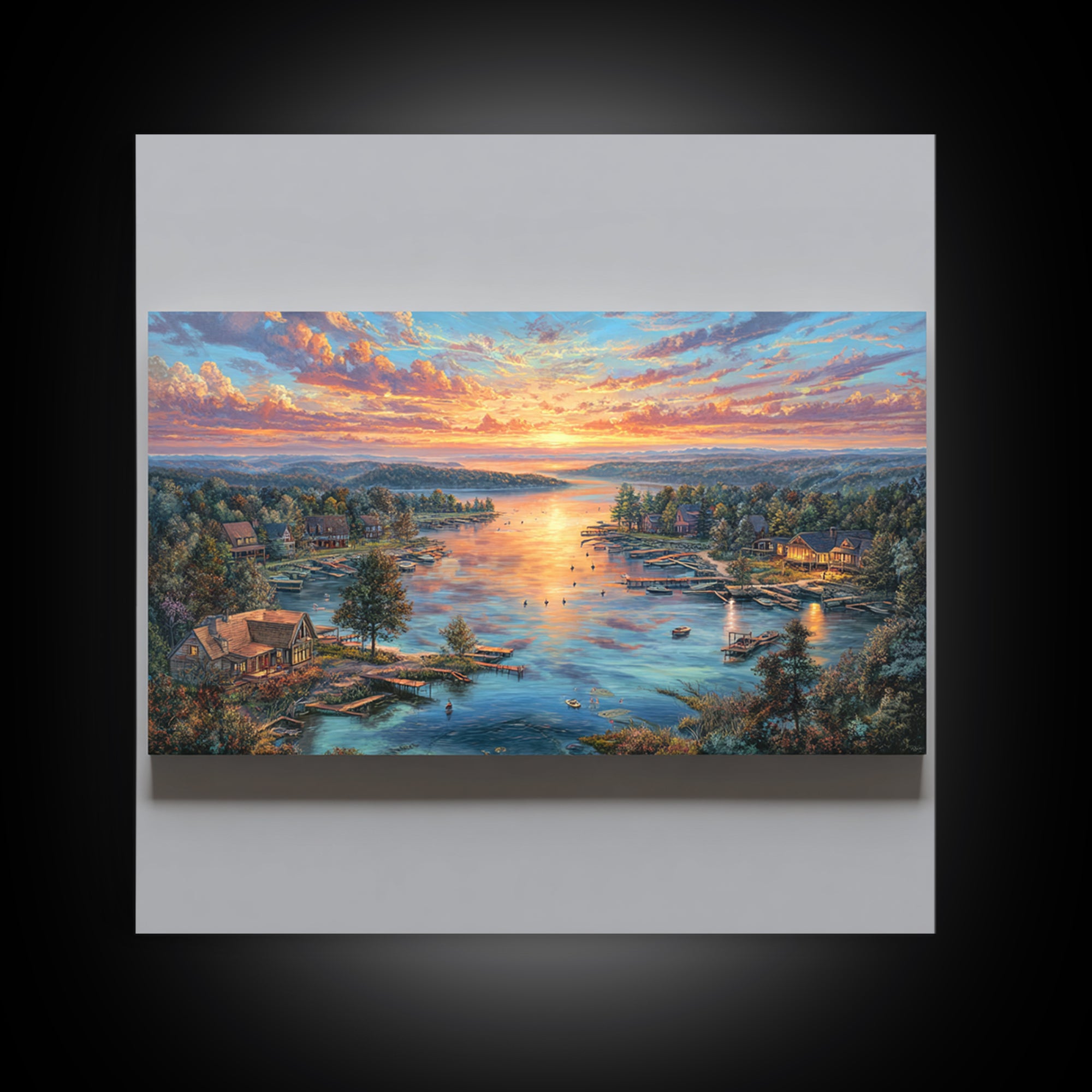 Sunset Lake Village Framed Canvas Print, Panoramic Landscape Wall Art, Coastal Cabin Decor, Large Living Room Art, Housewarming Gift