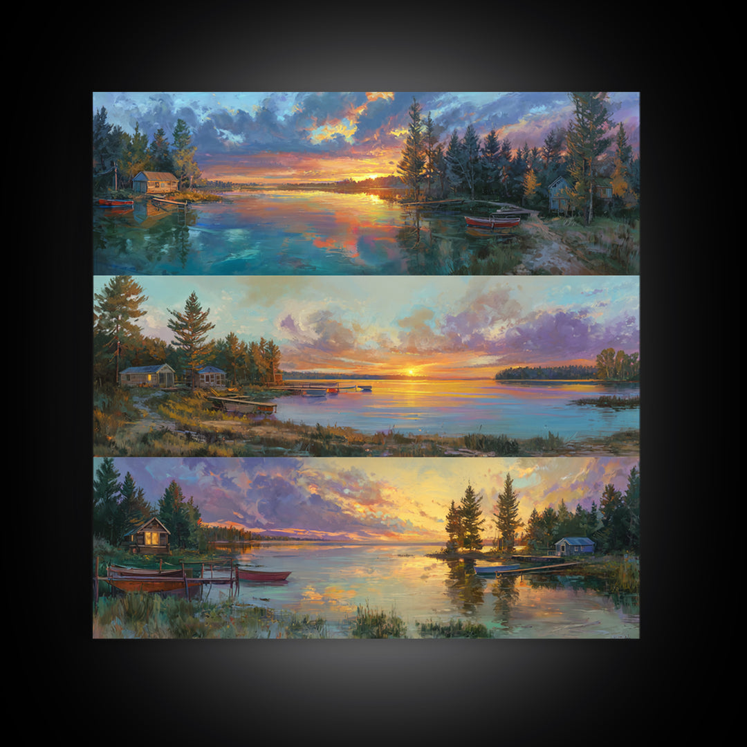 Three Serene Lake Sunset Panels Canvas Print, Panoramic Landscape Wall Art, Cabin Decor, Coastal Living Room Prints, Lake House Art