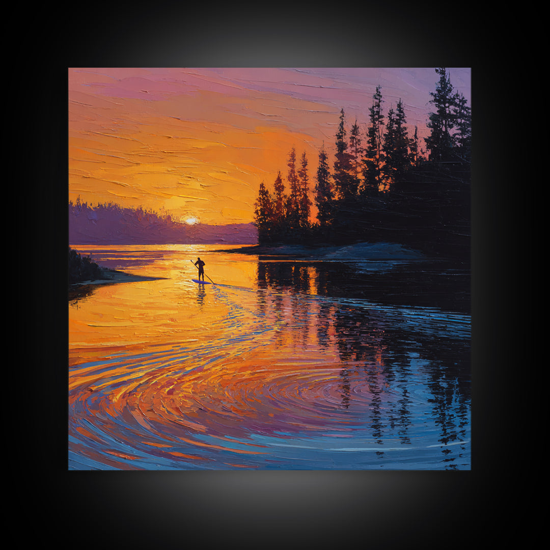 Sunset Paddleboard Pine Lake Wall Art, Orange Blue Seascape Canvas Print, Nature Decor, Living Room Decor, Gift For Him Or Her