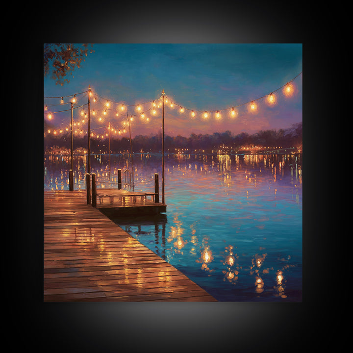 Twilight Lake Dock Lights Wall Art, Romantic Waterfront Canvas Print, Cozy Living Room Decor, Lake House Decor Gift For Her