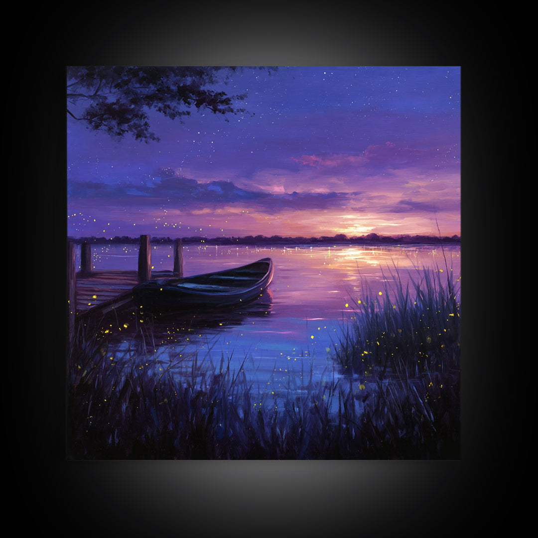 Twilight Lake With Boat And Fireflies Painting Wall Art, Dreamy Night Landscape Print, Romantic Nature Bedroom Decor