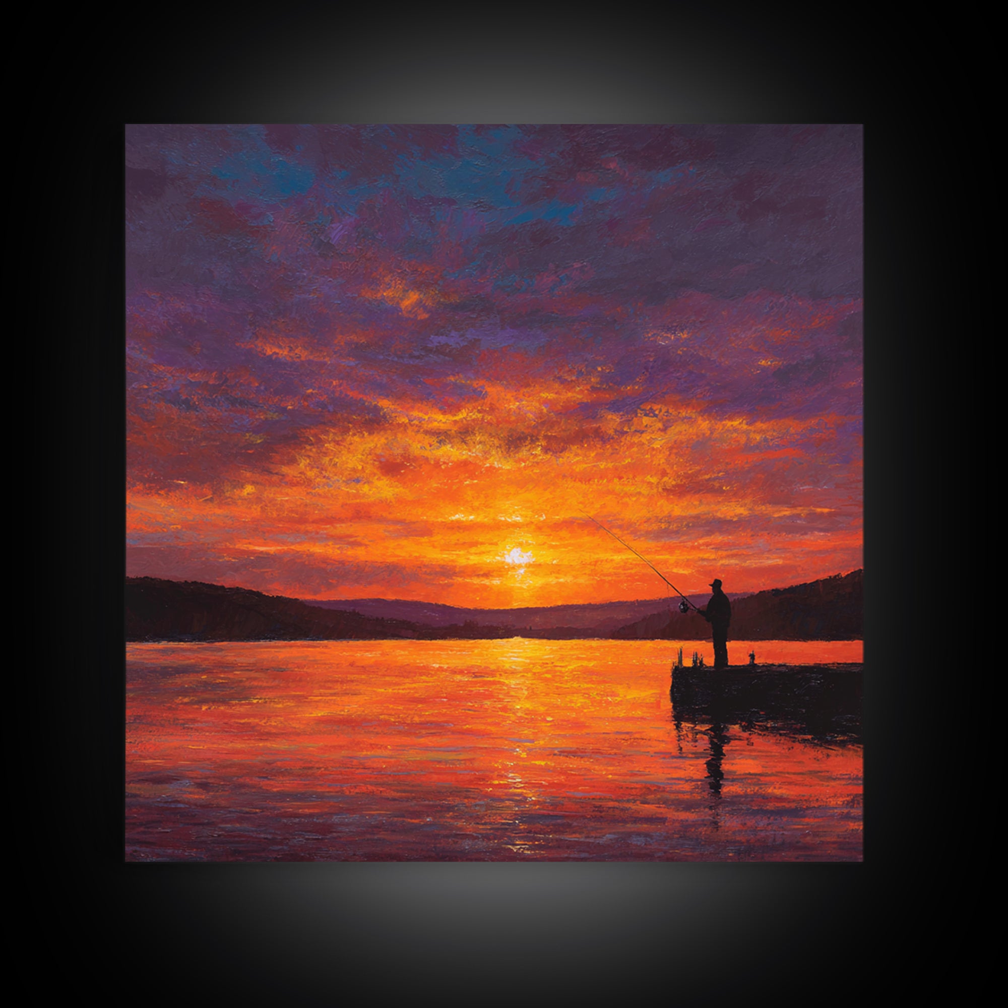 Fisherman At Fiery Sunset Wall Art, Serene Lake Landscape Canvas Print, Rustic Cabin Decor, Peaceful Nature Living Room Wall Art