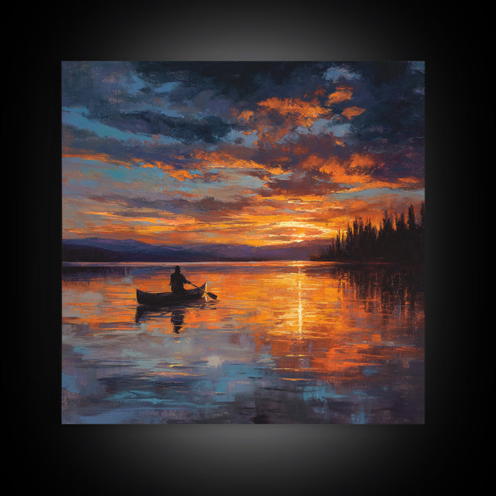 Canoe On Fiery Lake Sunset Framed Canvas Print, Impressionist Landscape Wall Art For Cozy Living Room Or Cabin Home Decor