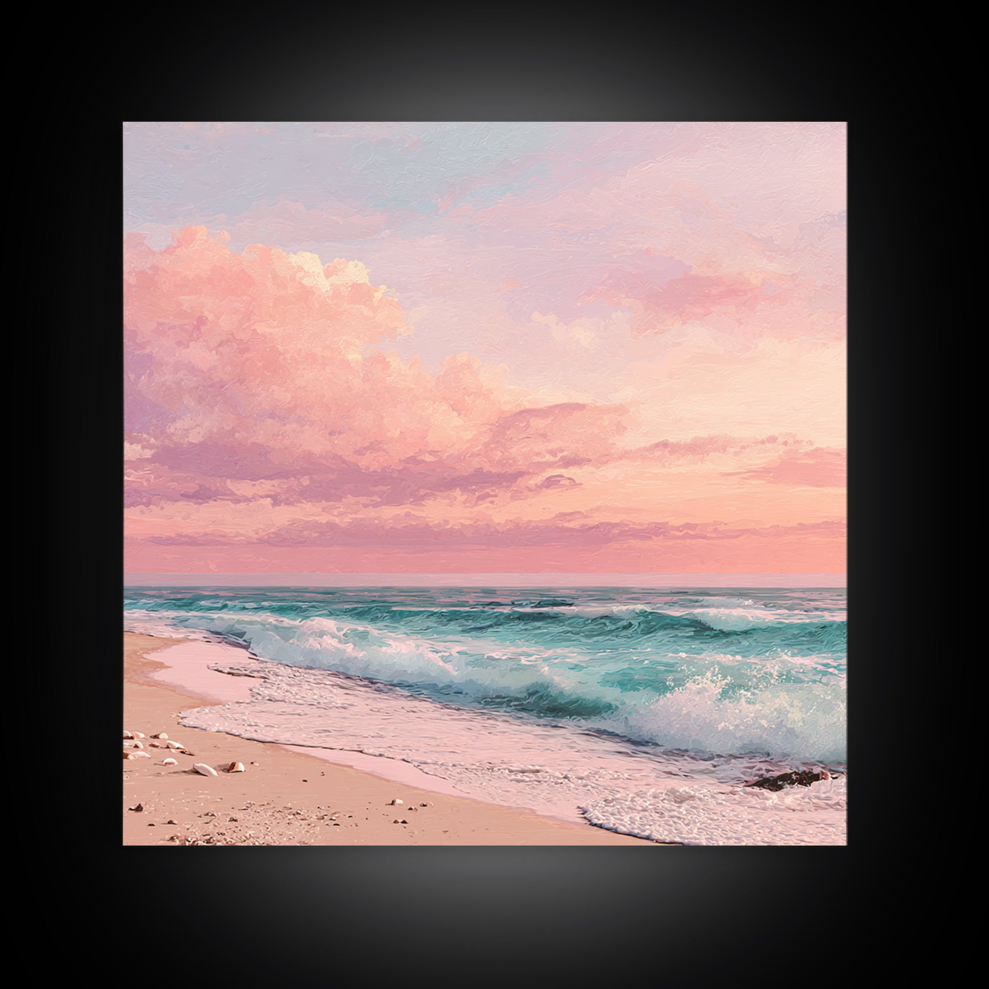 Pink Ocean Waves At Sunset Canvas Print, Pastel Coastal Wall Art, Beach House Decor, Large Living Room Wall Decor, Serene Seascape