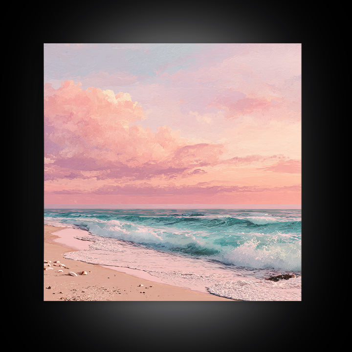 Pink Ocean Waves At Sunset Canvas Print, Pastel Coastal Wall Art, Beach House Decor, Large Living Room Wall Decor, Serene Seascape