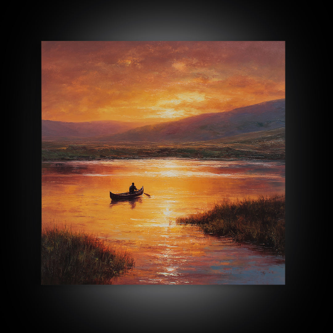 Golden Canoe At Sunset Lake Landscape Wall Art Canvas Print For Living Room Decor, Calming Nature Painting Home Decor