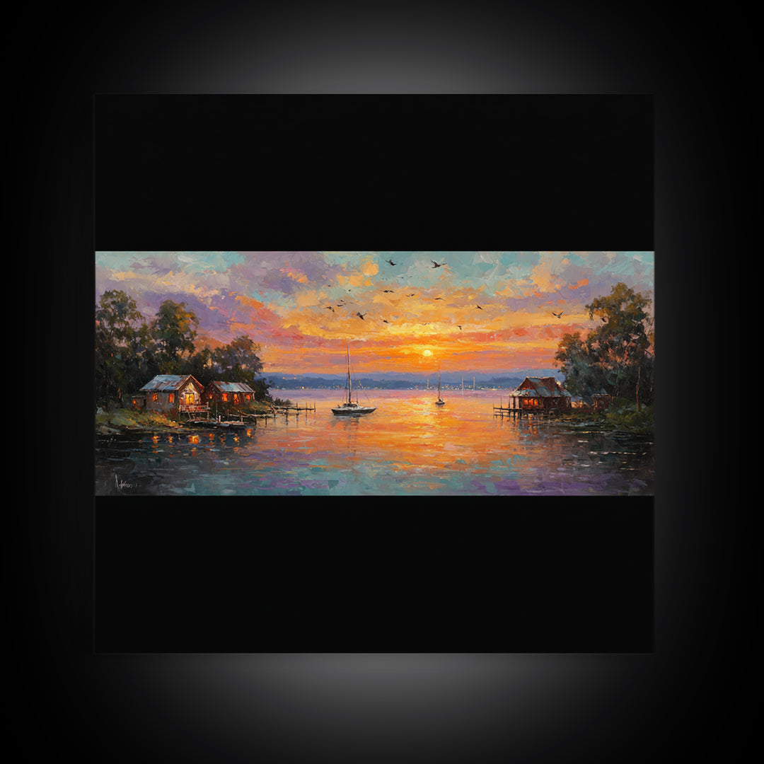 Sunset Lake Houses Palette Knife Painting Panoramic Wall Art Large Horizontal Canvas Print Coastal Wall Decor