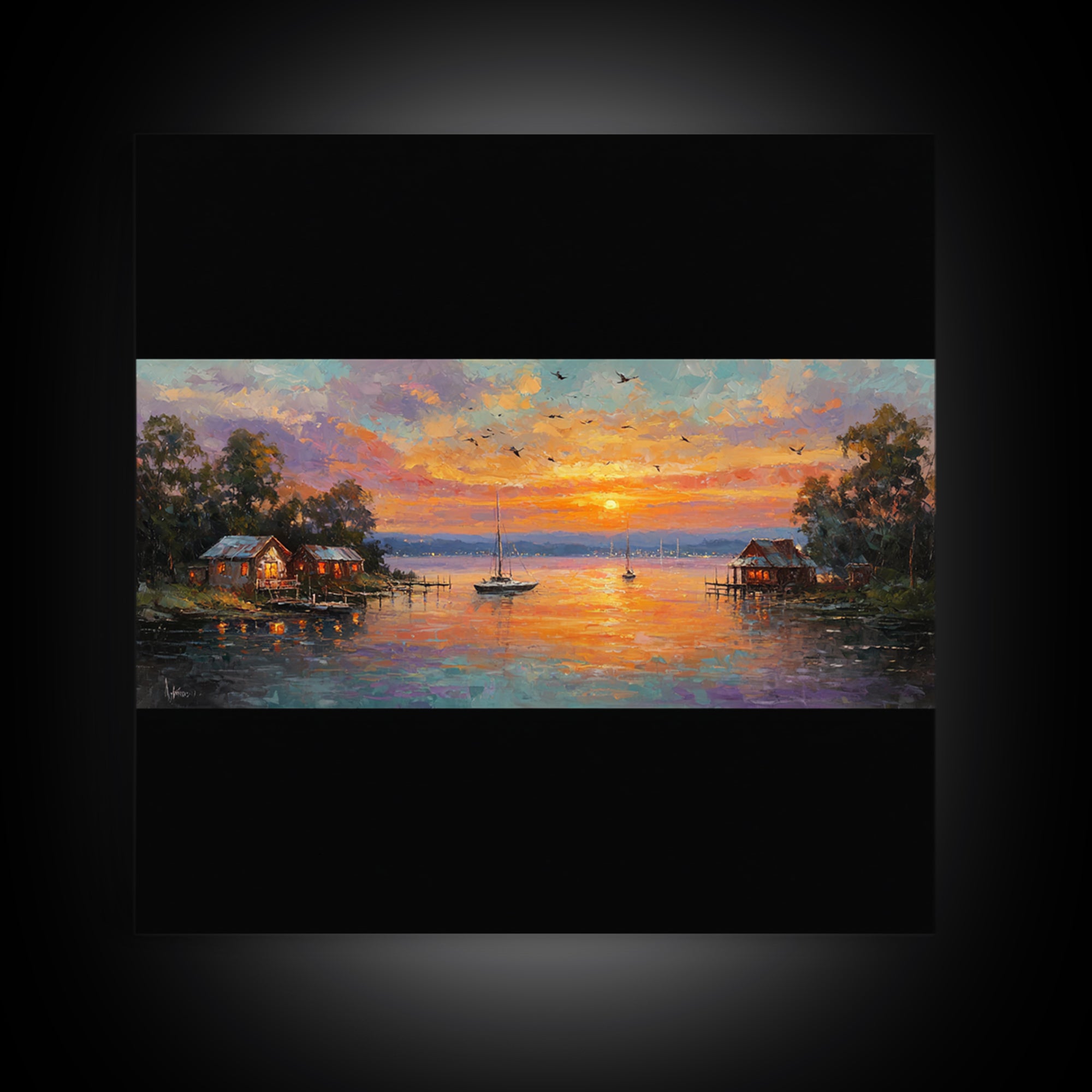 Sunset Lake Houses Palette Knife Painting Panoramic Wall Art Large Horizontal Canvas Print Coastal Wall Decor