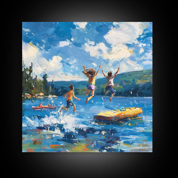 Kids Jumping Off Dock Lake Day Wall Art, Colorful Impressionist Summer Canvas Print, Playful Lake House Painting For Family Room Or Nursery