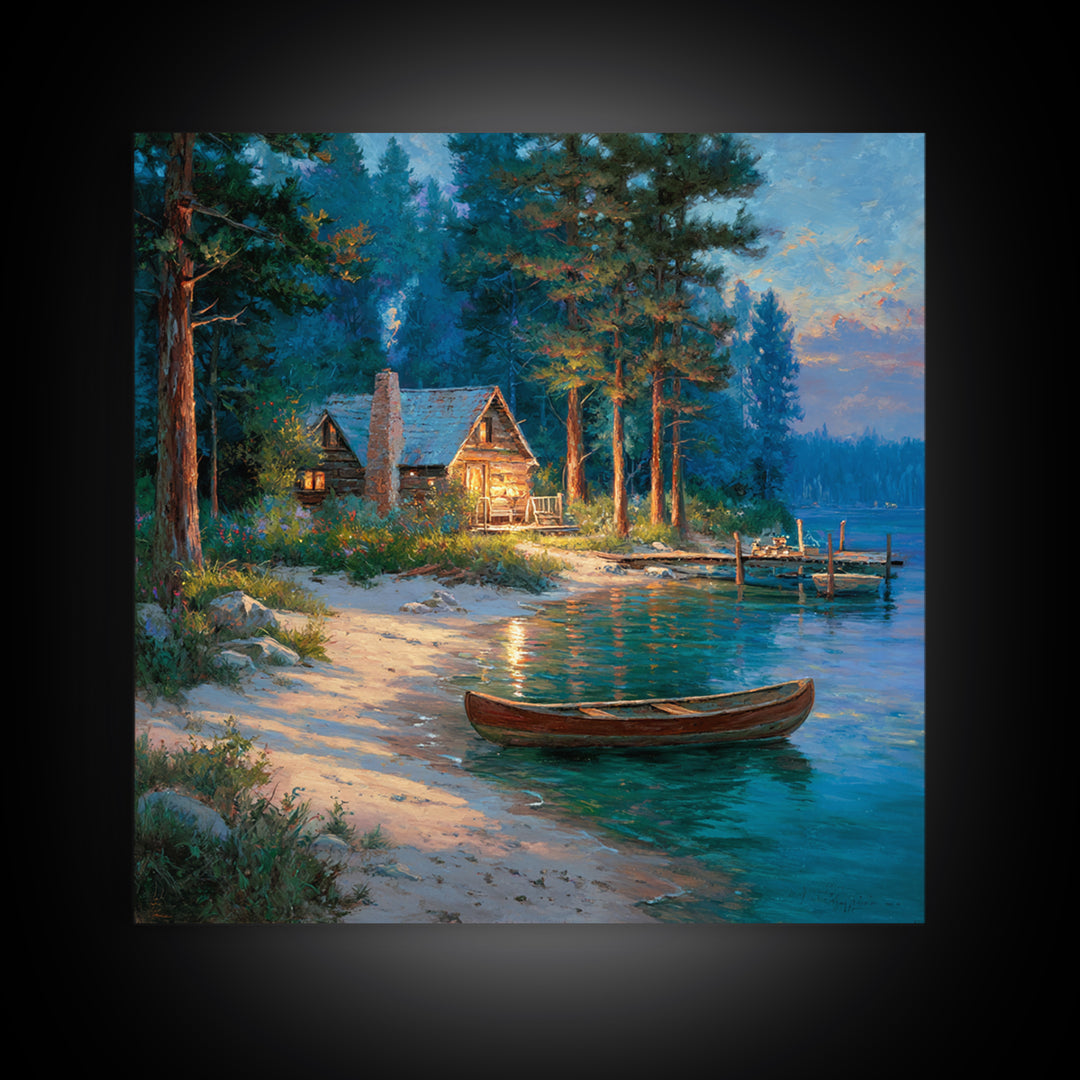 Cozy Lakeside Cabin At Dusk Landscape Wall Art Print, Rustic Lake House Home Decor, Nature Painting Living Room Wall Art