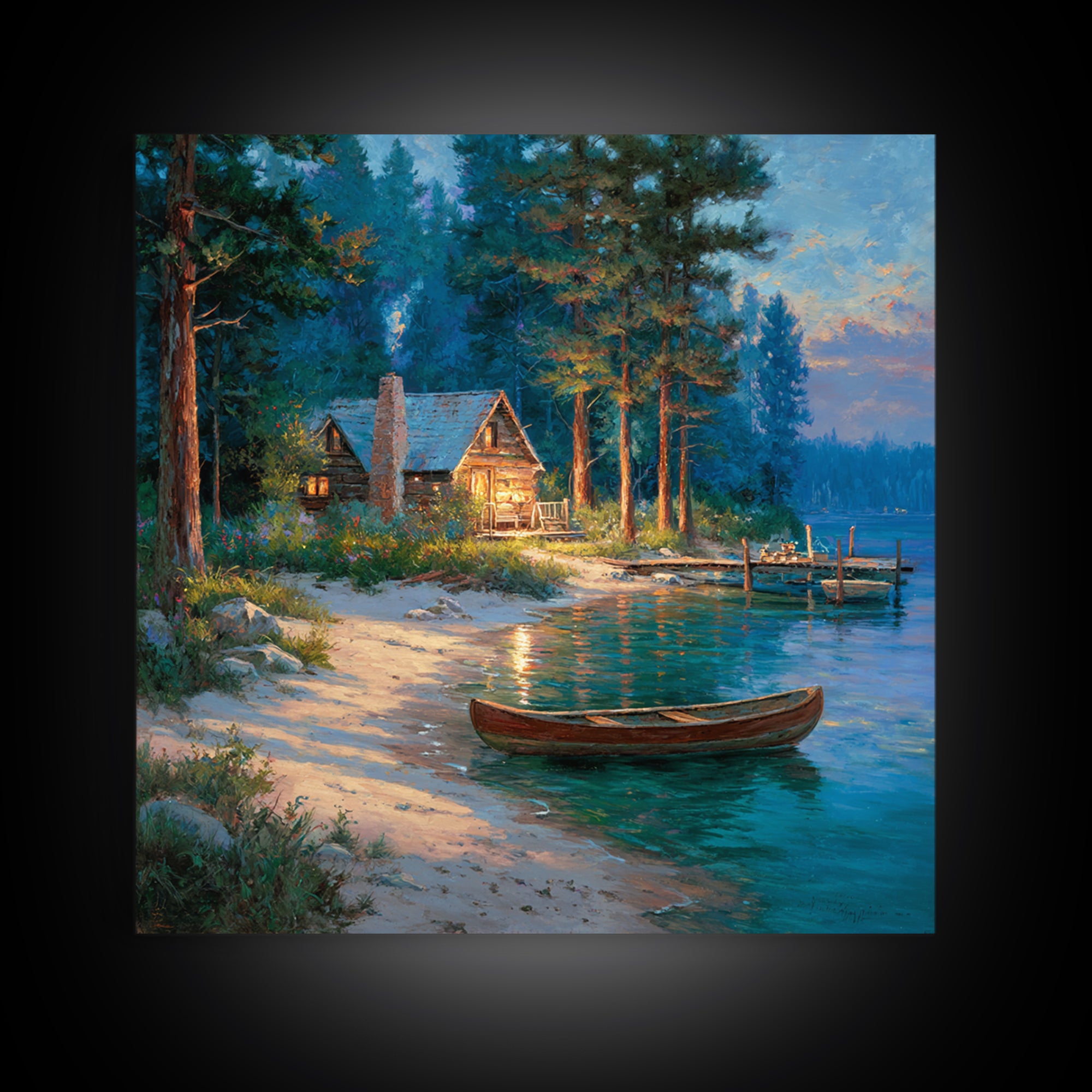 Cozy Lakeside Cabin At Dusk Landscape Wall Art Print, Rustic Lake House Home Decor, Nature Painting Living Room Wall Art