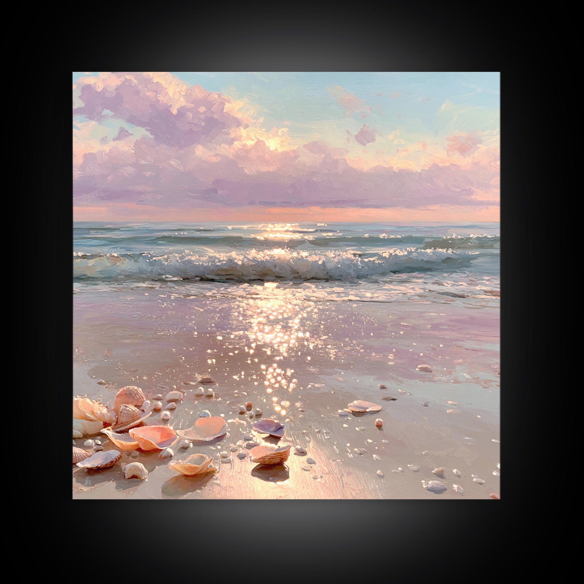 Sparkling Seashell Beach Sunrise Framed Canvas Print, Coastal Wall Art, Ocean Waves, Nautical Living Room Decor, Beach House Gift