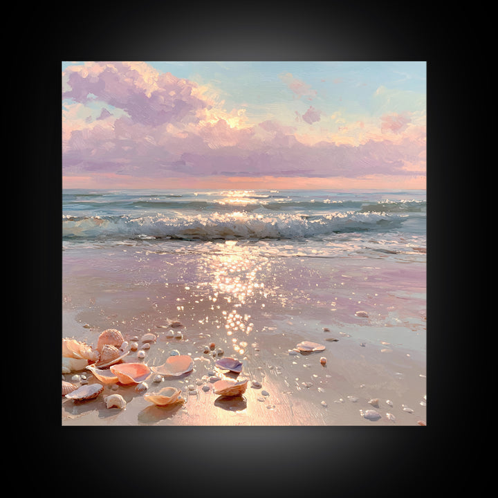 Sparkling Seashell Beach Sunrise Framed Canvas Print, Coastal Wall Art, Ocean Waves, Nautical Living Room Decor, Beach House Gift