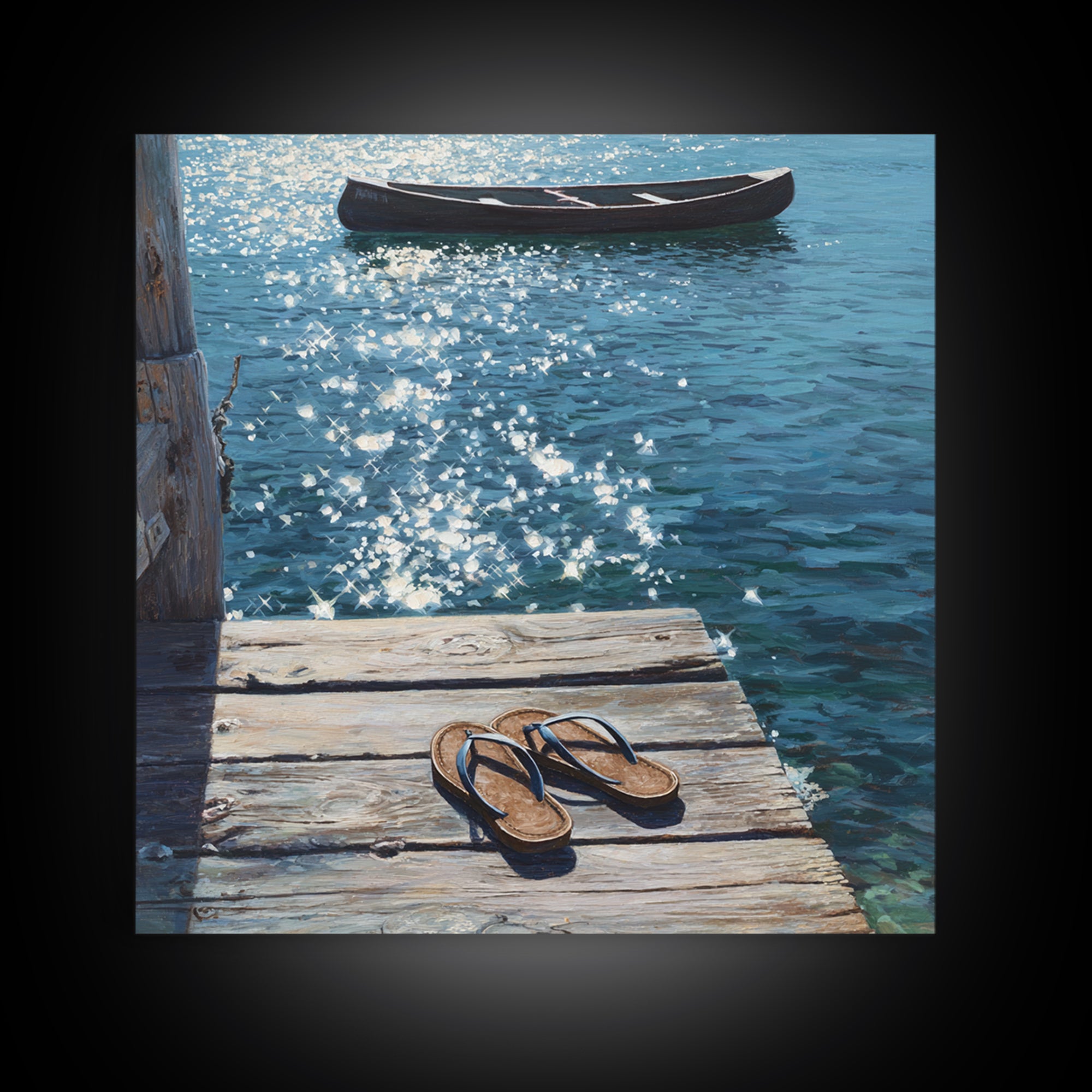 Sparkling Lake Dock With Boat Realism Wall Art, Coastal Summer Canvas Print, Beach House Decor Relaxing Ocean Lake Scene