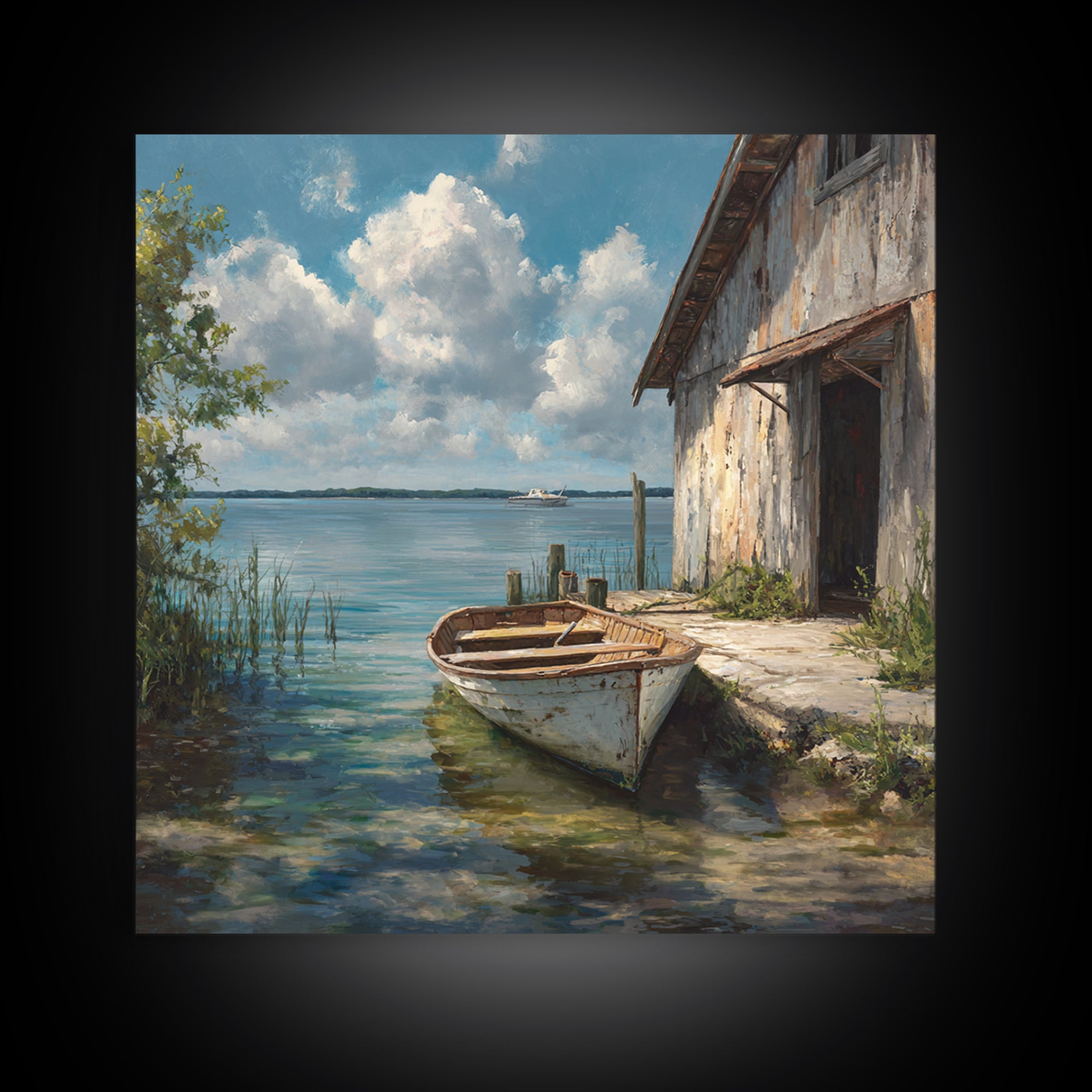 Peaceful Lakeside Barn Scene Wall Art Framed Canvas Print Rustic Country Home Decor For Living Room And Cozy Bedroom Decoration