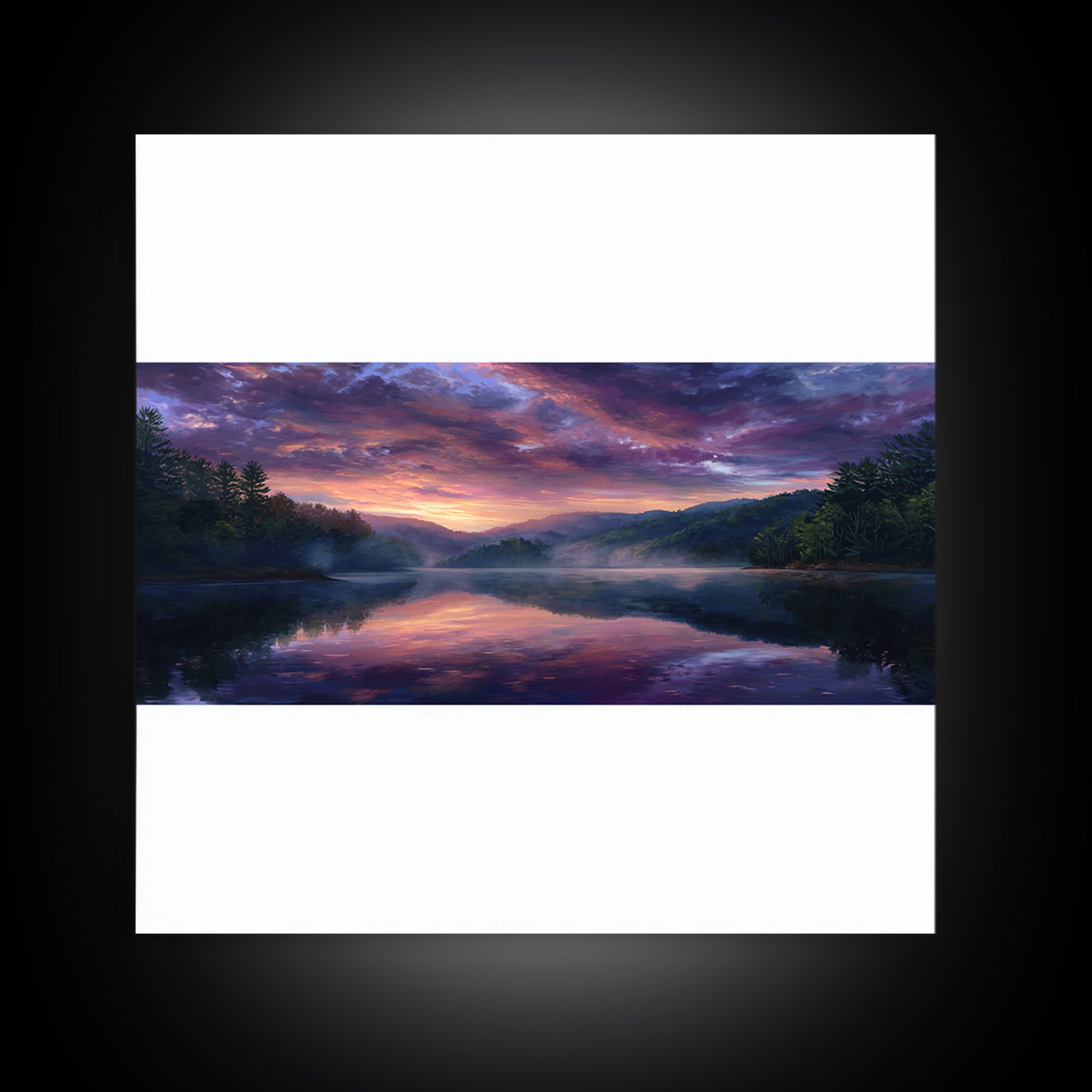 Panoramic Lake Sunset Landscape Wall Art, Reflective Sky Canvas Print, Calming Extra Wide Over Sofa Decor
