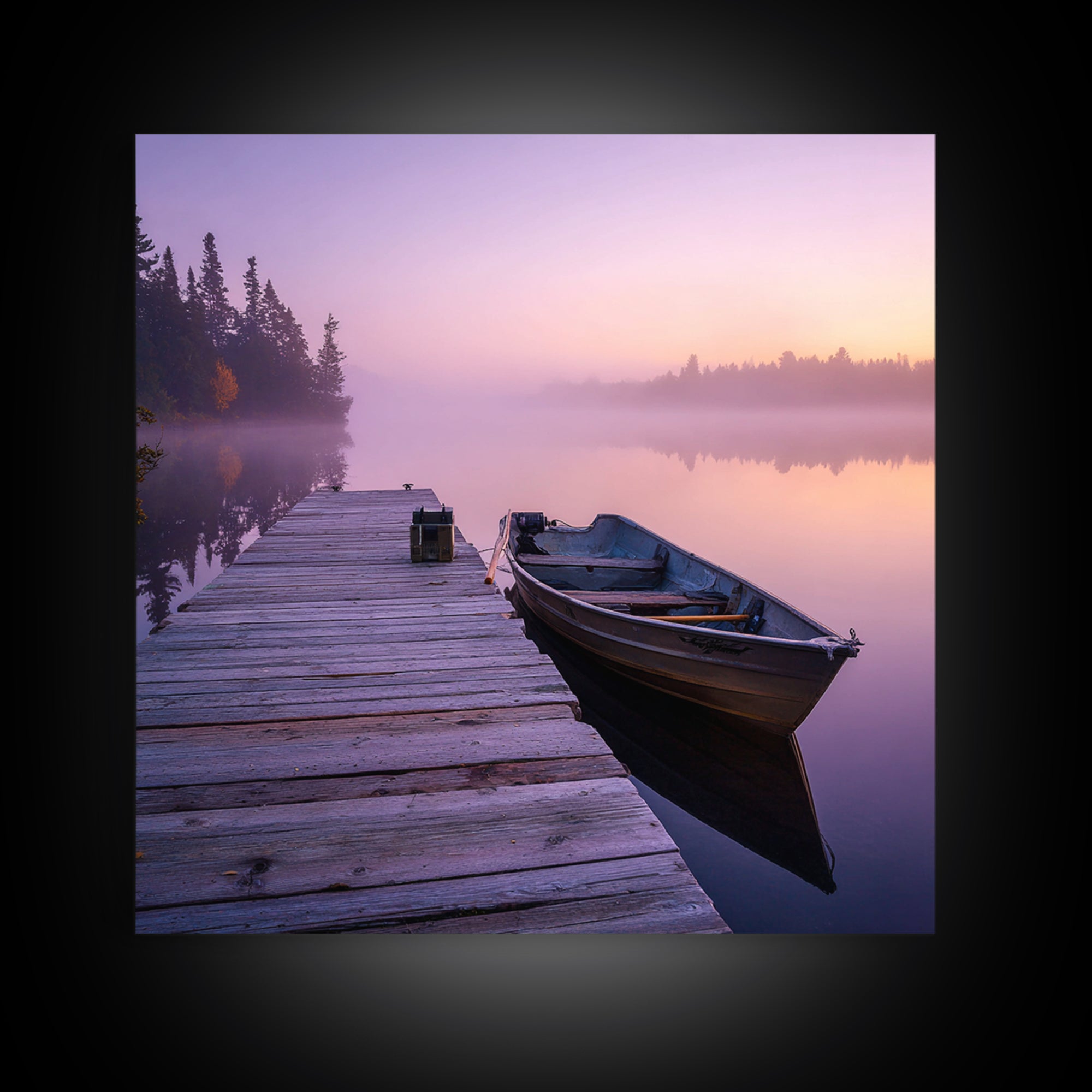 Serene Misty Lake Dock Wall Art, Calming Boat Landscape Canvas Print, Minimalist Nature Photography, Lake House Decor