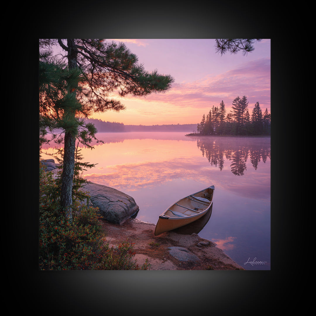 Canoe At Sunrise Lake Wall Art, Tranquil Morning Landscape Canvas Print, Nature Photography For Cabin Or Living Room Decor