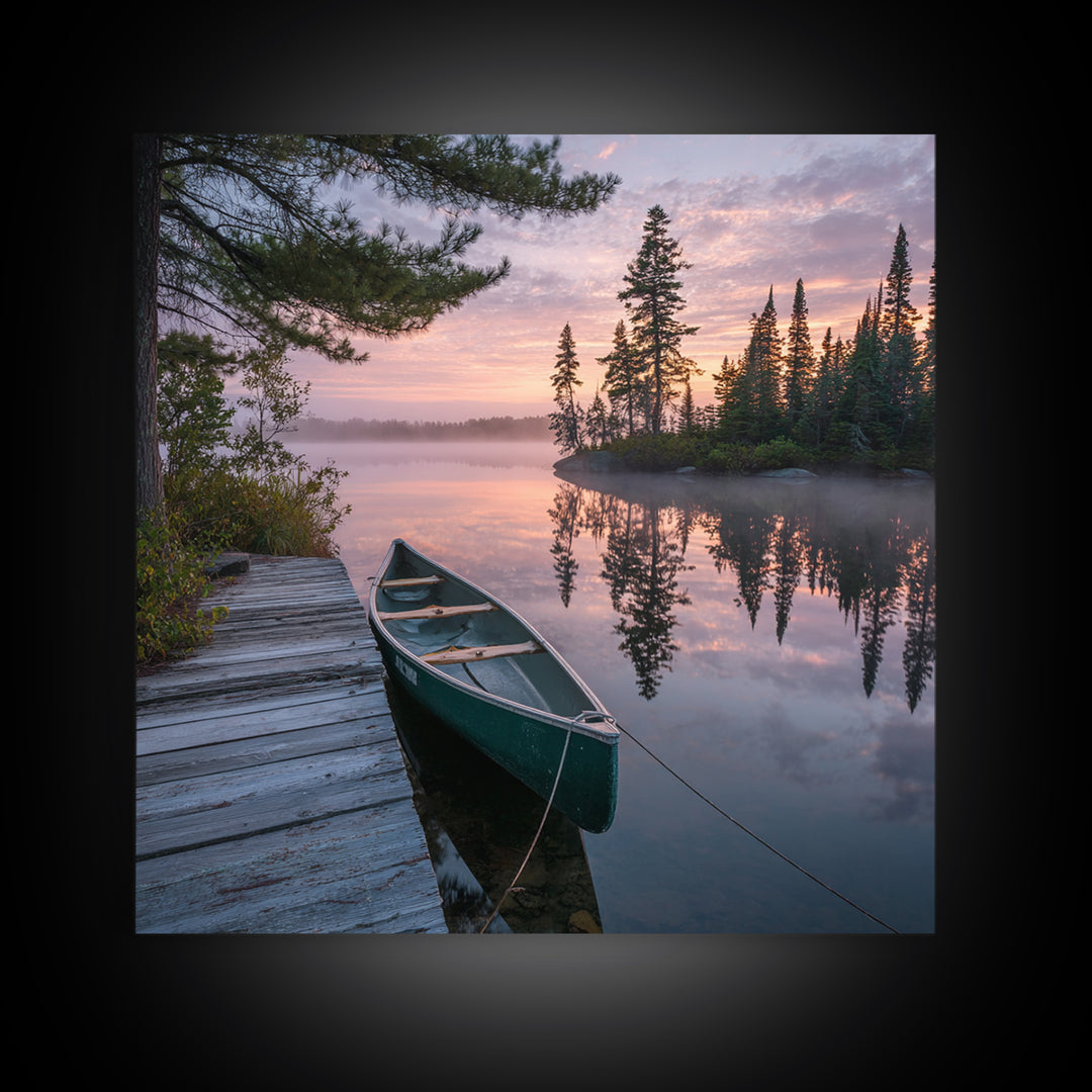 Tranquil Canoe At Sunrise Lake Landscape Wall Art Print, Serene Nature Photography, Cabin Rustic Home Decor Wall Art