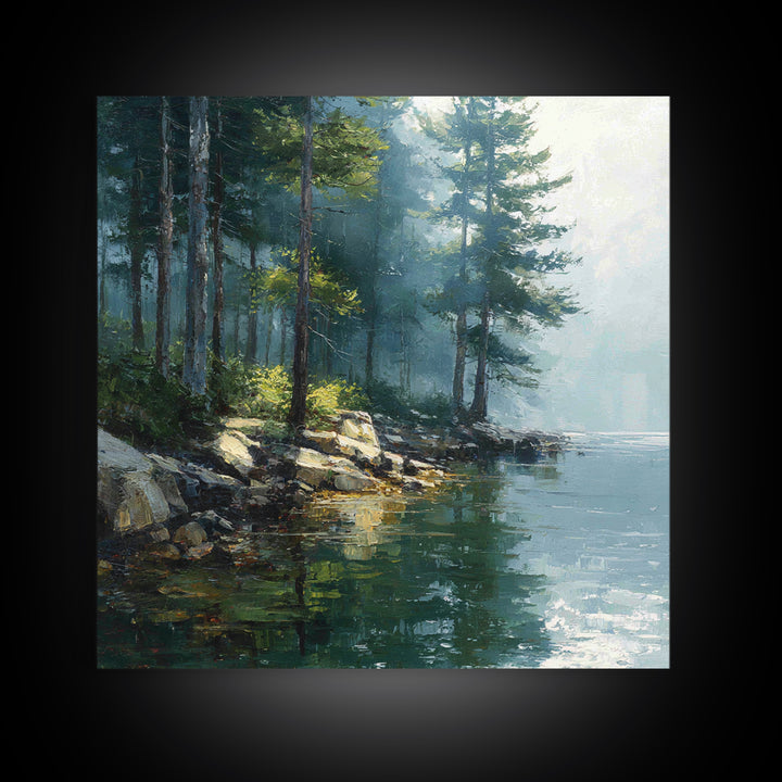 Misty Forest Lake Landscape Wall Art, Tranquil Nature Painting, Cabin Retreat Decor, Large Coastal Forest Canvas Print