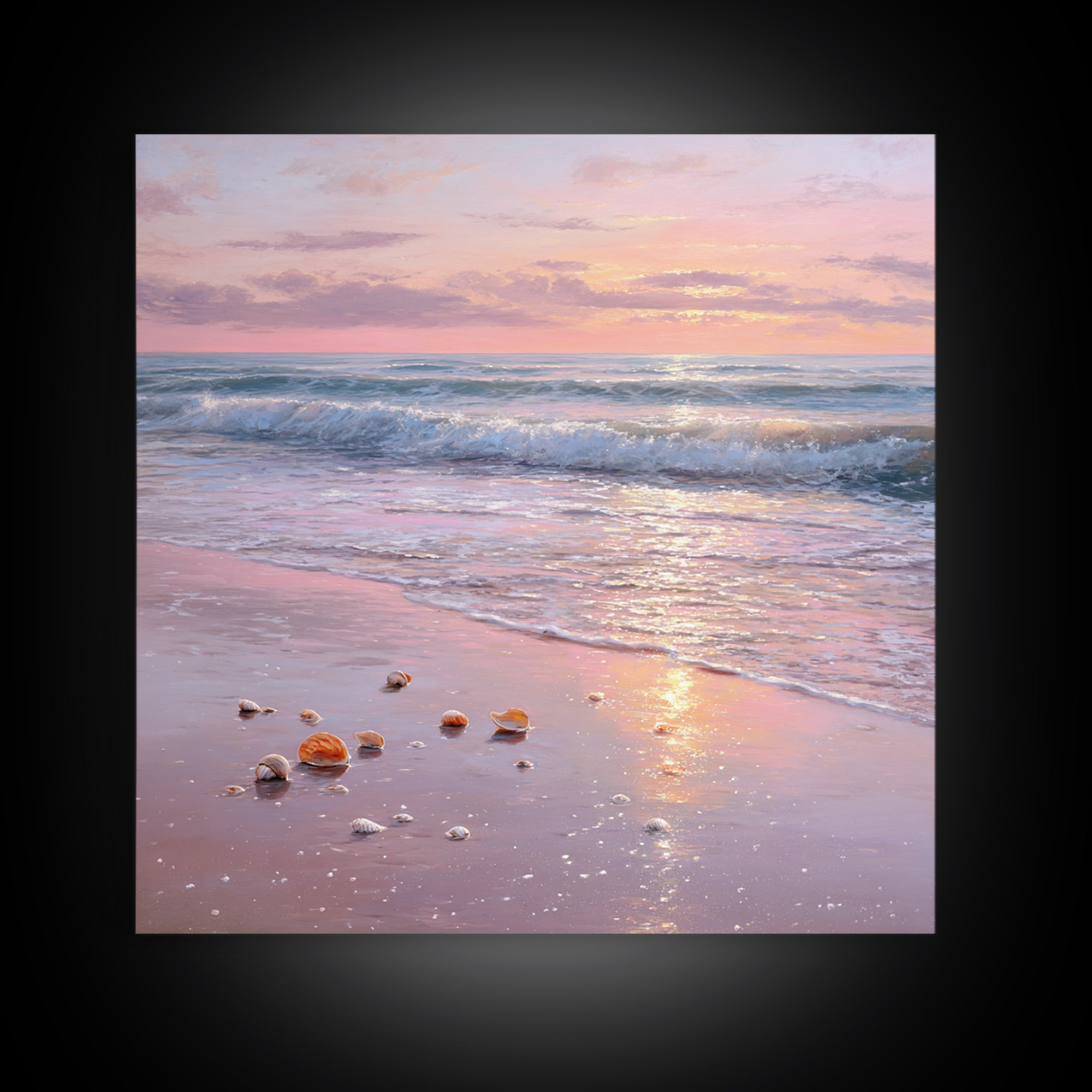 Pastel Sunset Ocean Shore With Seashells Canvas Print, Pink Coastal Wall Art, Beach House Decor, Calming Seascape, Living Room Wall Decor
