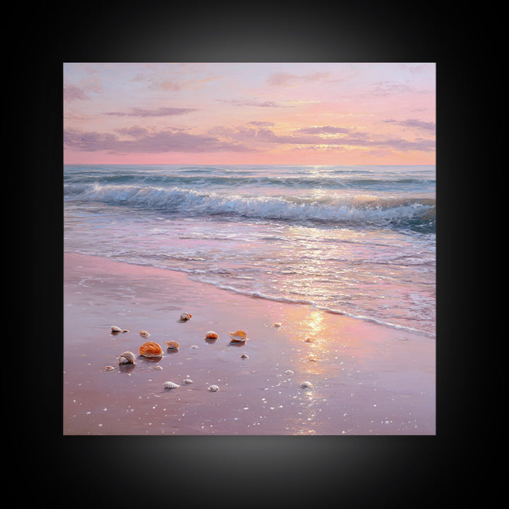 Pastel Sunset Ocean Shore With Seashells Canvas Print, Pink Coastal Wall Art, Beach House Decor, Calming Seascape, Living Room Wall Decor
