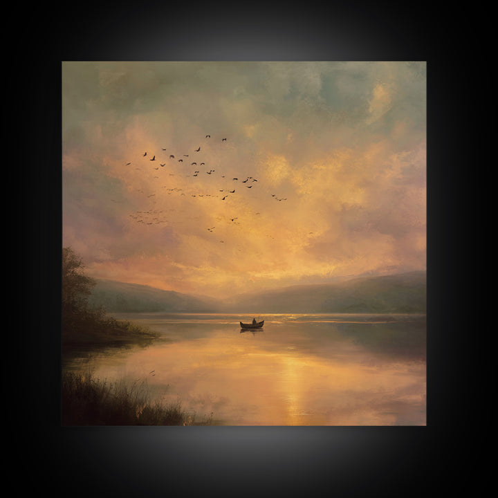 Golden Sunset Rowboat Landscape Wall Art, Romantic Lake Canvas Print For Cozy Living Room Decor And Bedroom Wall