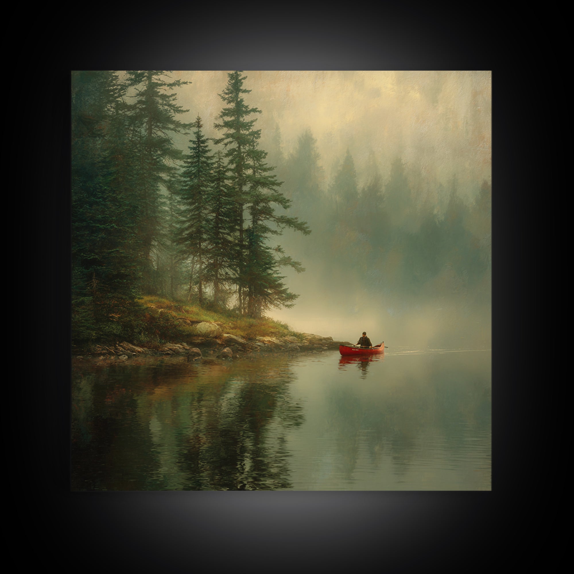 Misty Forest Lake With Red Canoe Wall Art, Peaceful Morning Landscape Canvas Print, Cozy Cabin Decor Artwork