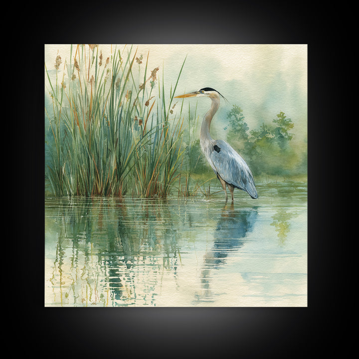 Heron Marsh Watercolor Wall Art, Nature Bird Canvas Print, Tranquil Coastal Landscape Art For Bathroom Or Living Room