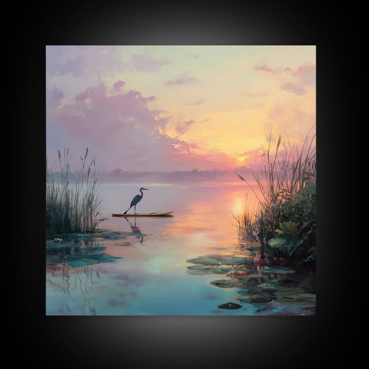 Pastel Lake Sunrise Heron Reeds And Lilies Landscape Wall Art Canvas Print Calming Nature Home Decor Bedroom Wall Art