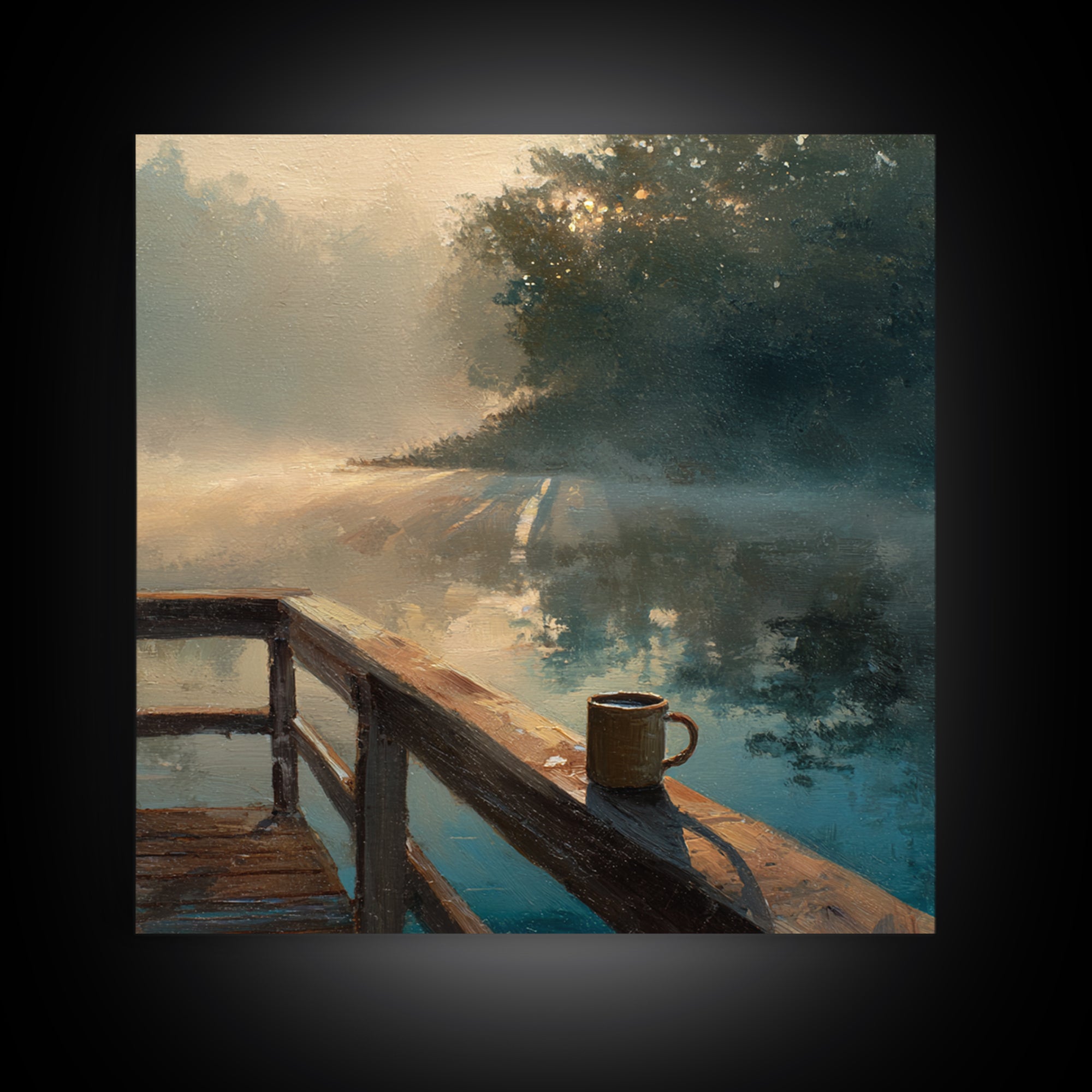 Misty Lake Morning Dock Wall Art, Coffee Mug By Water, Calming Landscape Canvas Print For Bedroom Or Living Room Decor