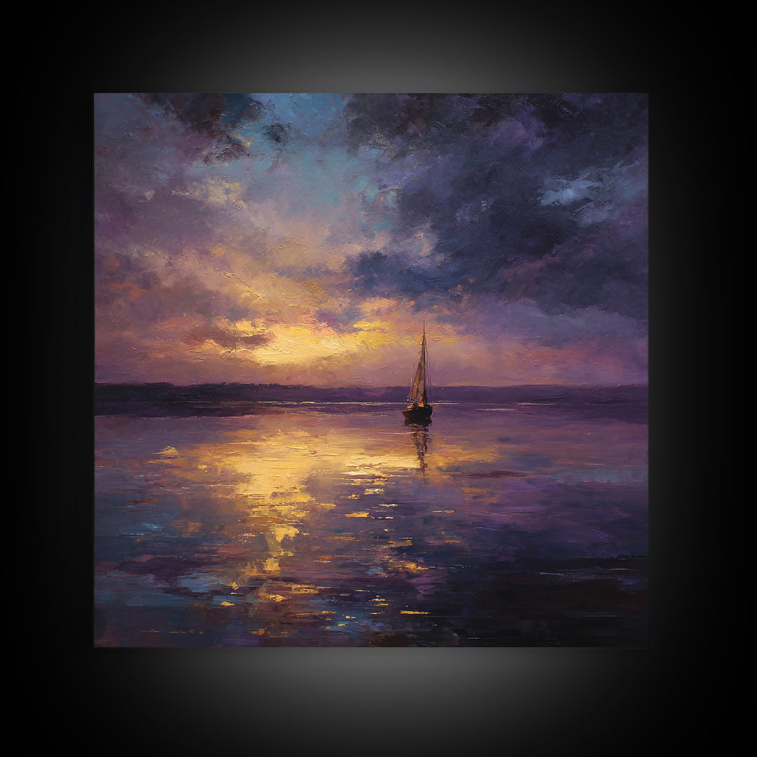 Moody Sailboat Sunset Oil Painting Wall Art, Impressionist Seascape Canvas Print, Calming Coastal Decor For Bedroom Or Living Room