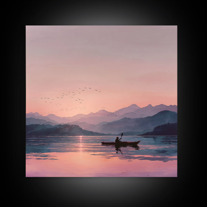 Serene Kayak At Pink Mountain Sunrise Landscape Wall Art, Calming Lake Painting, Nature Home Decor Canvas Print