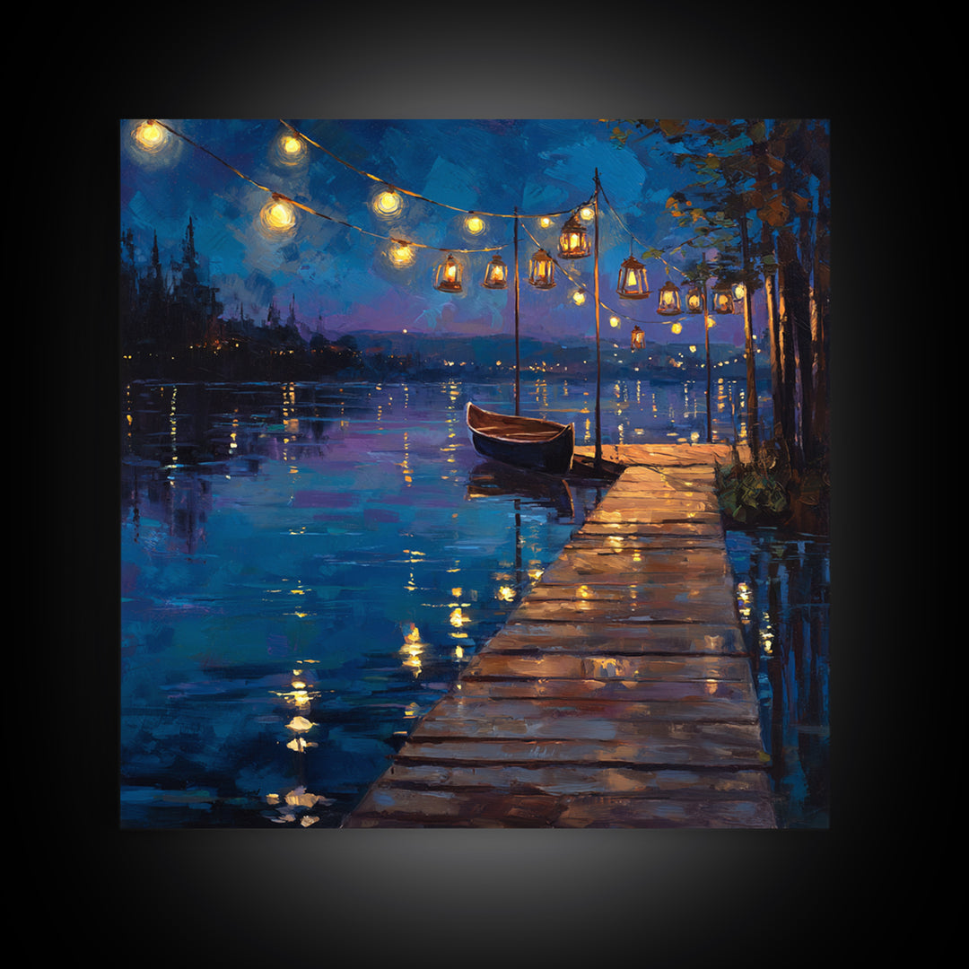 Romantic Lakeside Dock At Night Boat Lights Reflections Wall Art Canvas Print Modern Coastal Home Decor Living Room Wall Art