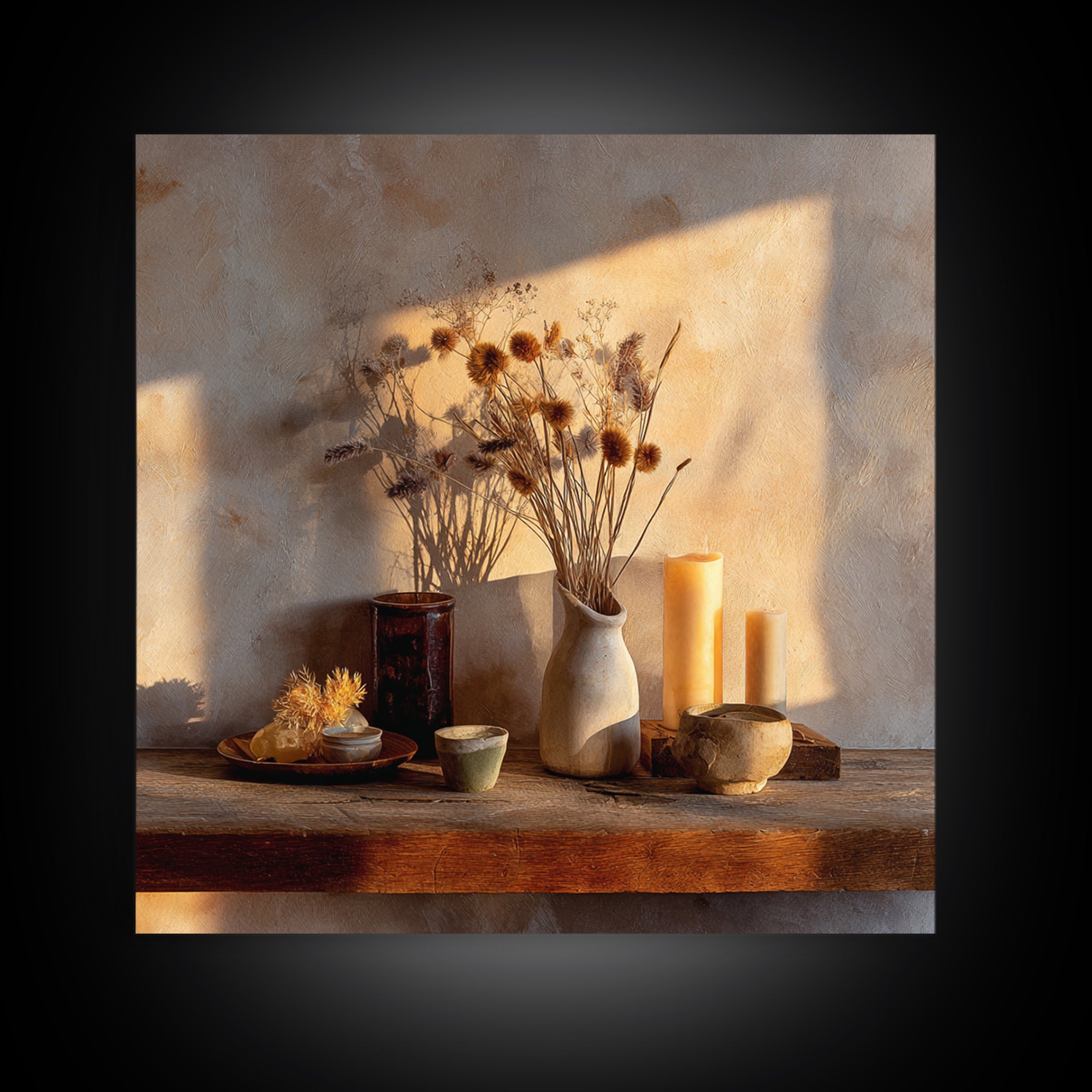 Rustic Dried Flower Still Life With Candles Wall Art, Neutral Wabi Sabi Decor, Farmhouse Shelf Fine Art Print, Warm Earth Tone Home Decor