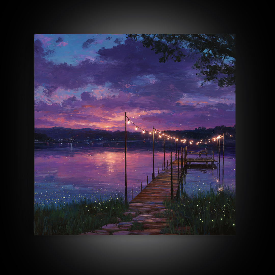 Magical Lakeside Dock At Twilight Wall Art, Firefly Lake Sunset Painting, Calming Landscape Canvas Print Home Decor